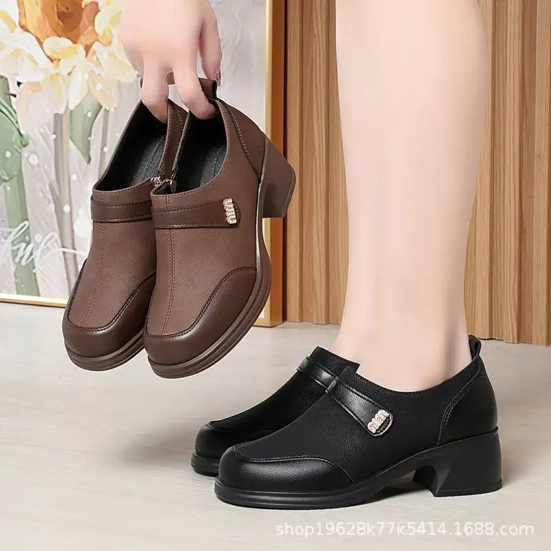 2024 New Slip On Spring Soft Shoes Woman Vintage Ladies Dress Pumps Thick High Heels Platform Shoes Retro Brown Daily Mom