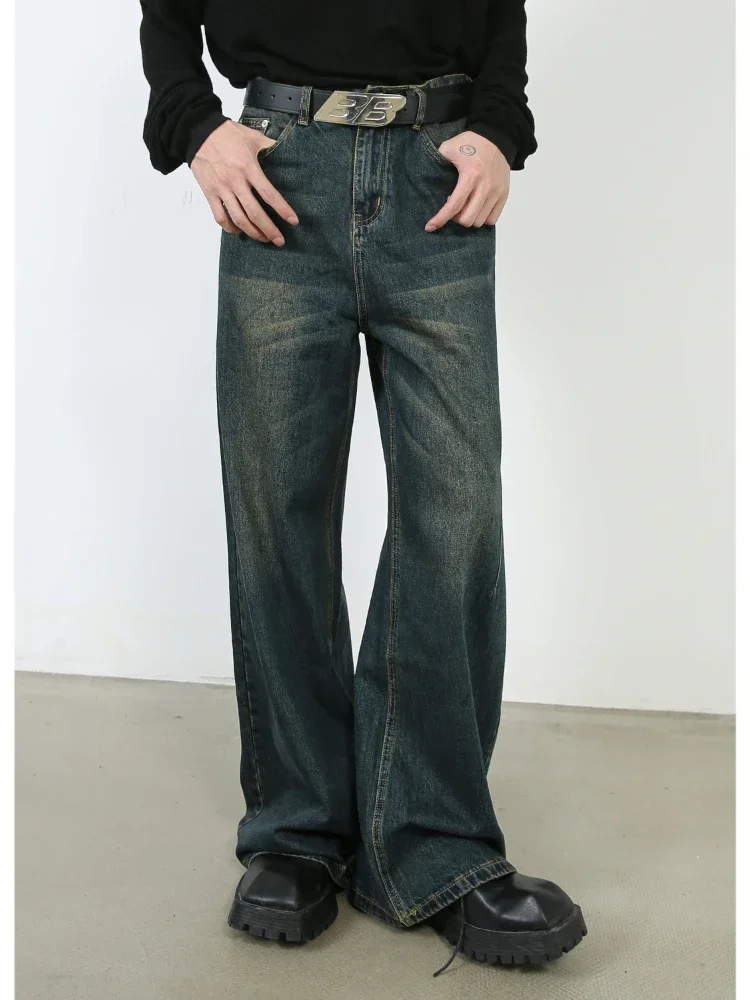 

Men Jeans Denim Floor Length Pant Wide Leg Pants Straight Trousers Pocket High Waist Splice Casual Loose Autumn Winter 2024
