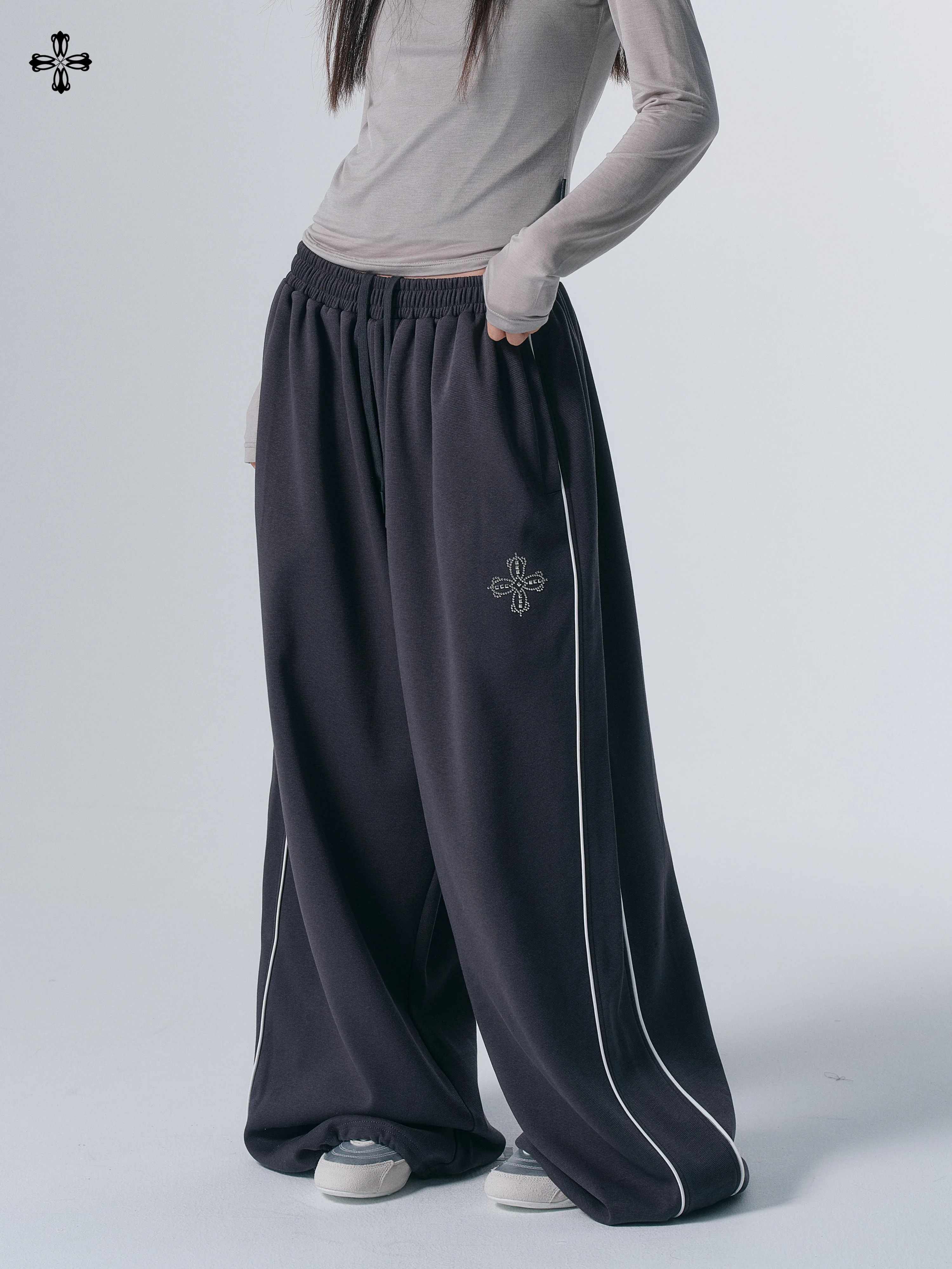 Street Style Loose Wide Leg Diamond Embellished Women's Casual Pants Hip Hop Dance Commute Anti-Wrinkle Warm Wear Resistant