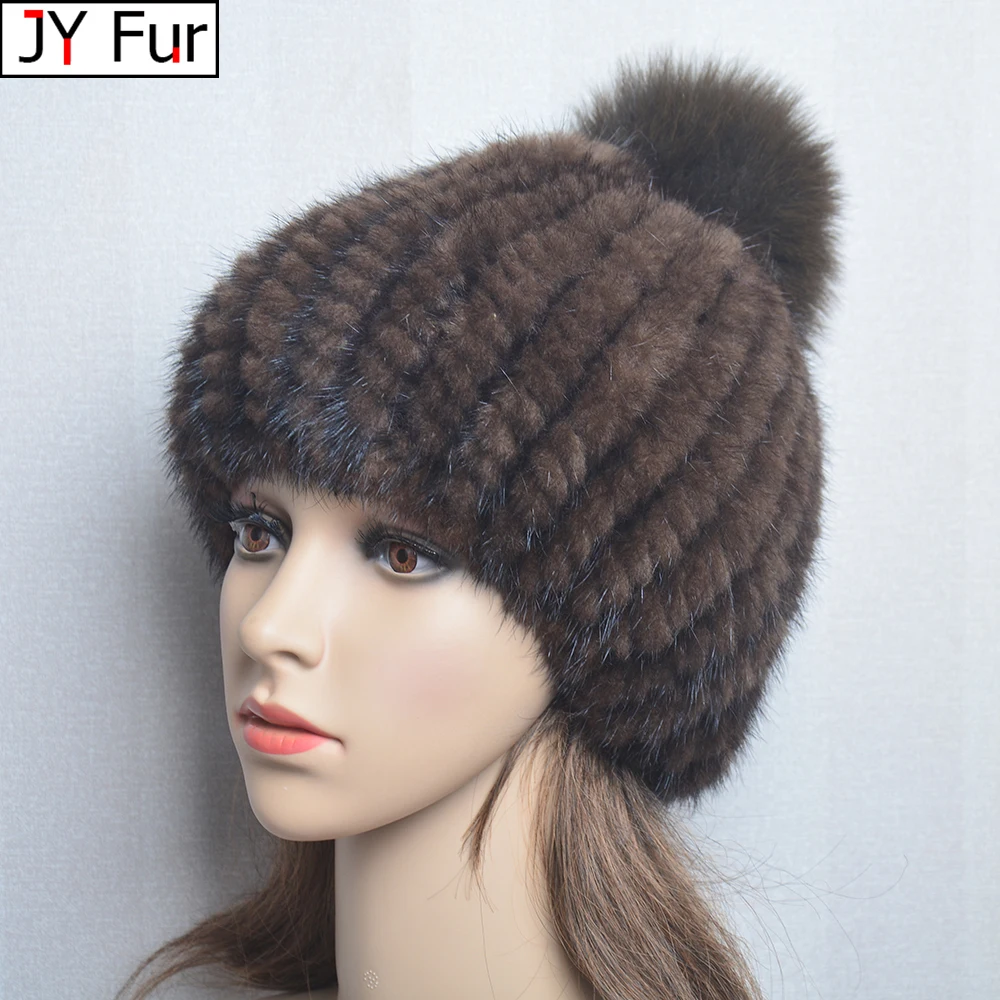 

Winter Women Natural Mink Fur Hat Hand Knitted Warm 100% Genuine Mink Fur Cap Russia Lady Real Mink Fur And Fox Fur Pompoms Hats