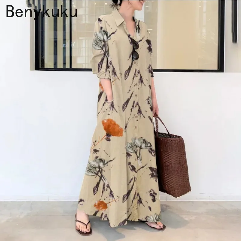 

Women Vintage Cotton Linen Dress 2024 Summer Casual Button Up Print Long Sleeve Dresses Robe Ladies Loose Elegant Shirt Dress