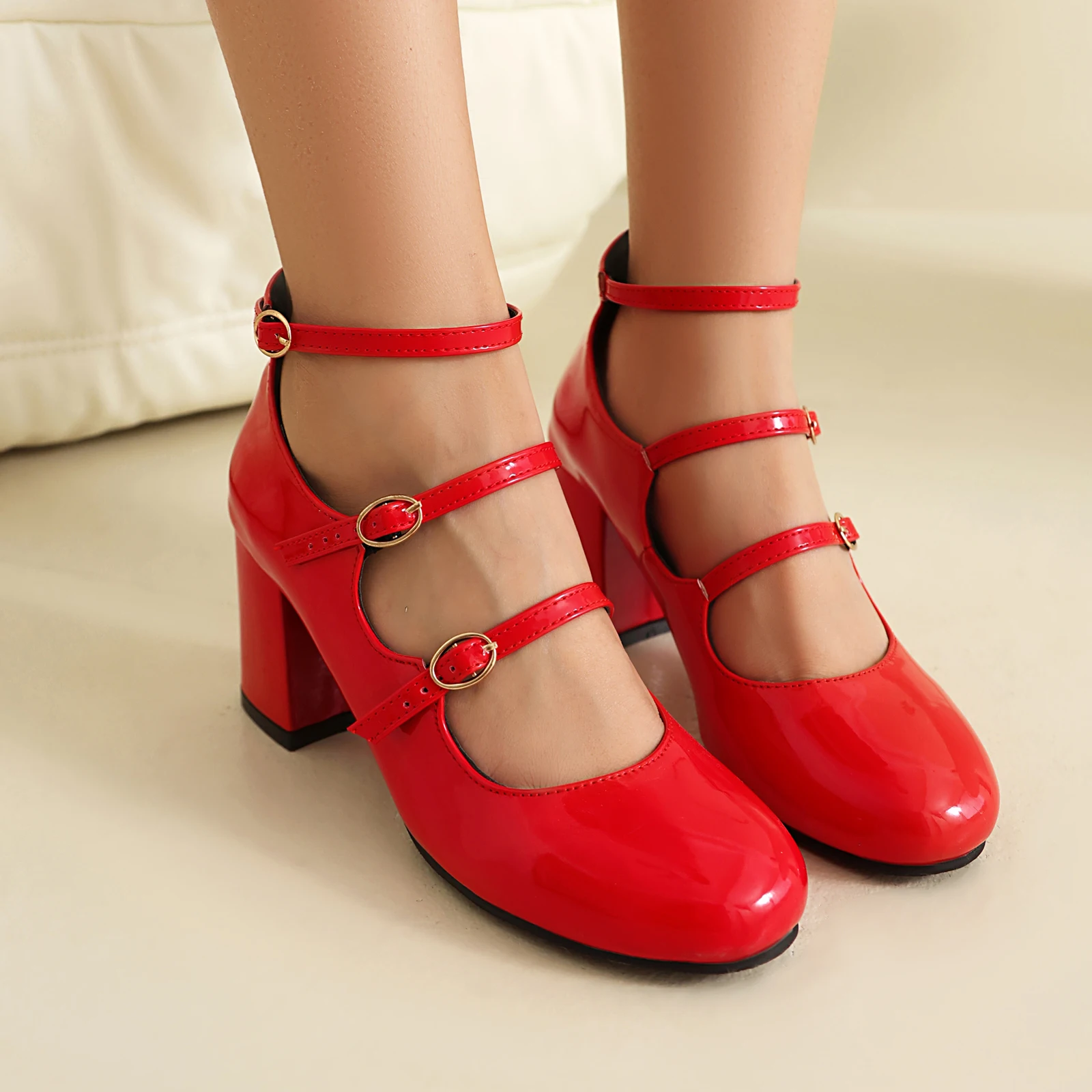 Pu High Heels Square Heel MARY JANES Square Toe Casual 2024 High Quality Ladies Shoes Buckle Strap Solid Fashion Pumps