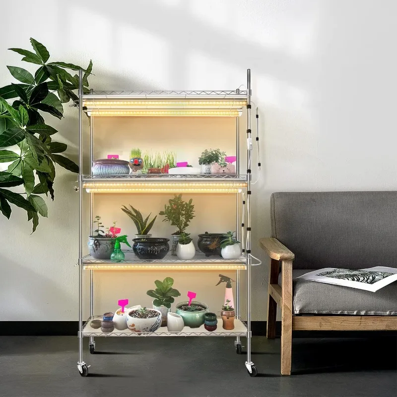 Plant Stand with Grow Lights for Seedling,  Duty Metal Rack with Wheels for Indoor Plants(35x14x61IN,Silver)