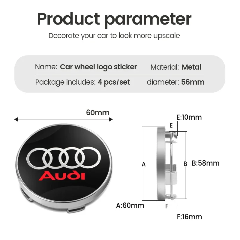 60 mm Car Wheel Center Hub Cap Logo Sticker Rim Cover Emblem Styling For audi A3 8V 8P 8L A4 B5 B6 B7 B8 B9 A6 C5 C6 C7 C8 A5 8T