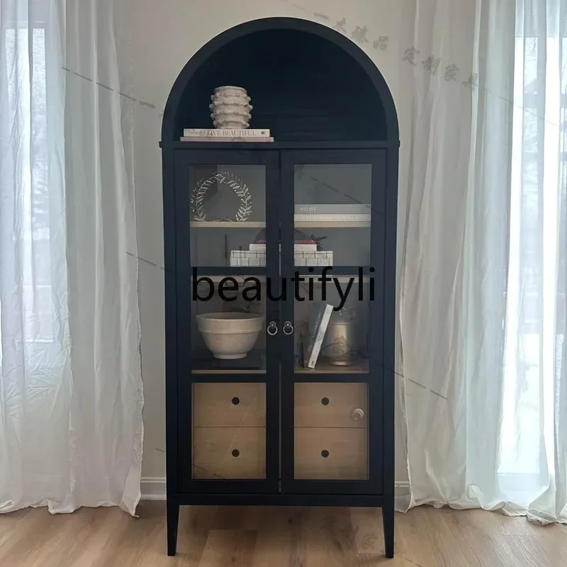 

FG28American-style Light Luxury Solid Wood Bookcase Living Room Black Arched Glass Cabinet Door Vintage Decorative Cabinet