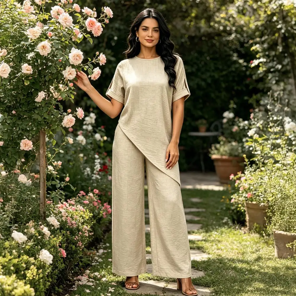 

Women's Summer Casual 2 Piece Sets Short Sleeve Crew Neck Asymmetry Hem Top And Long Pants Lounge Outfits Casual Street Outfit