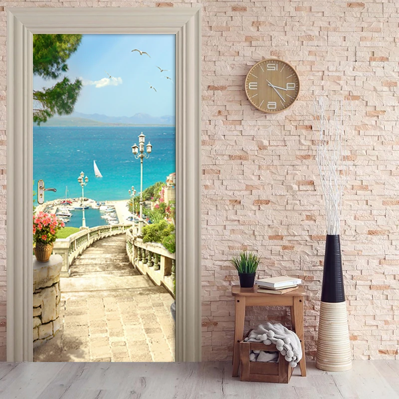 3D Wallpaper Small Town Sea View Door Sticker Living Room Kitchen Decor PVC Waterproof Wall Stickers Self-Adhesive Door Poster