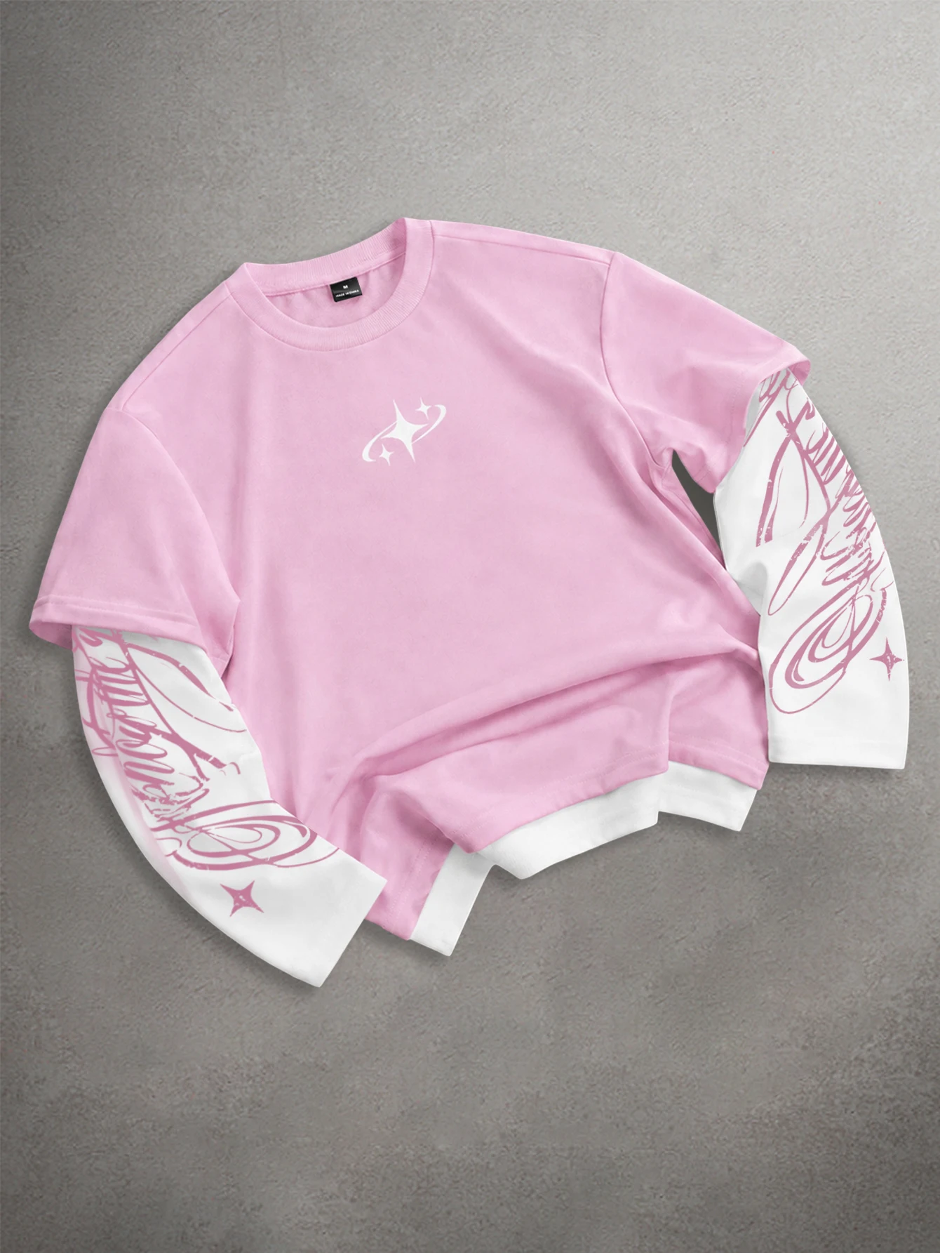 Herren- und Damen-T-Shirt mit Langen Ärmeln, Zweiteiliger Optik, Stern-Logo, Kursivdruck, Mehrlagiger Rundhalsausschnitt, Y2K Hip-Hop Streetwear, Oversized-Top – Detail 18