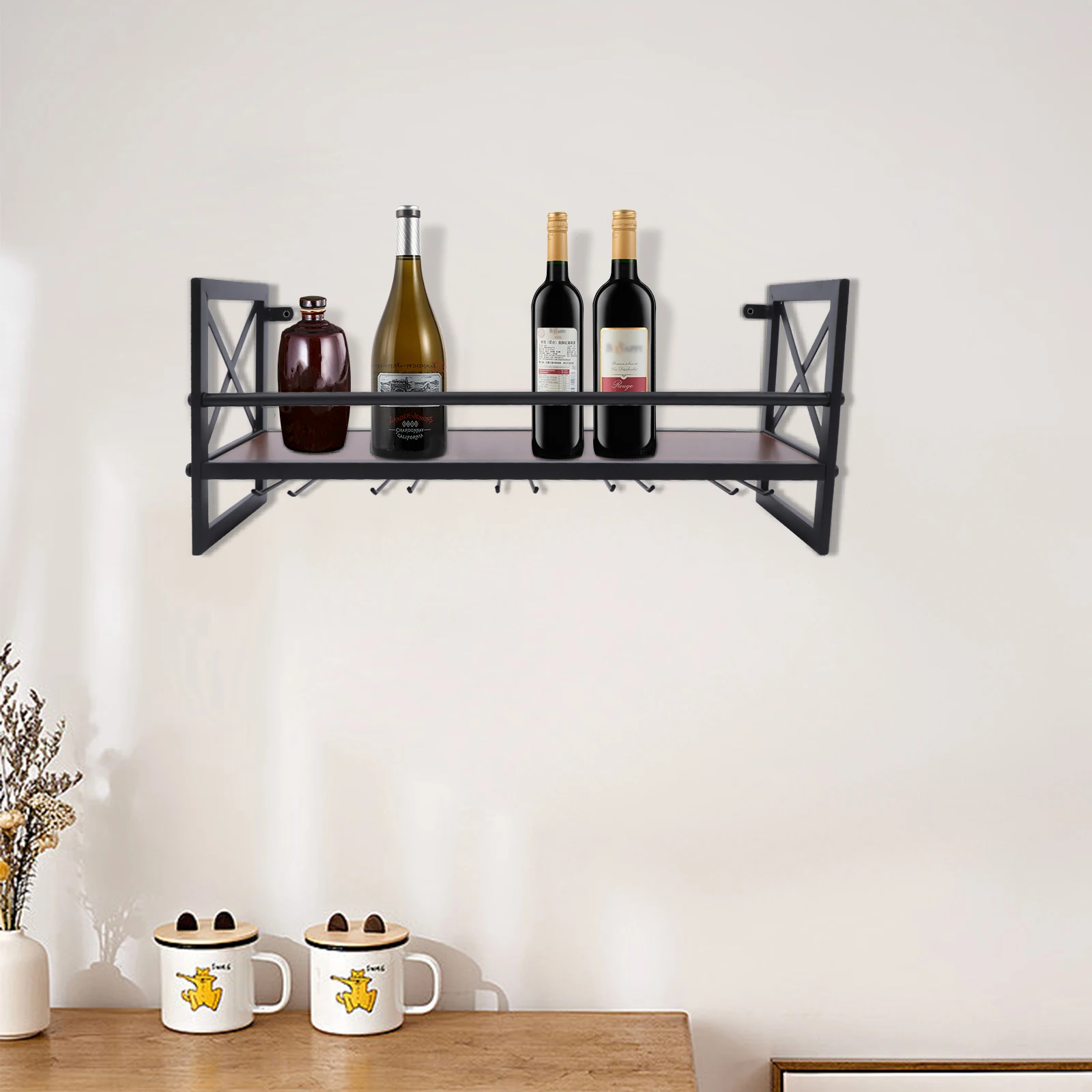 Wine Rack Gin Shelf Rack Bottle 5 Glass Holder Wall Mounted Home Bar 1 Layer