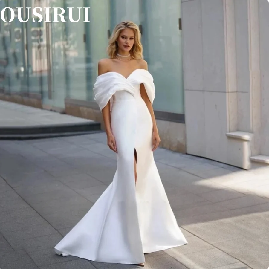 

Свадебное платье с боковым разрезом в стиле бохо для пляжа, на заказ по индивидуальным меркам, простое свадебное платье-русалка для женщин, с открытыми плечами