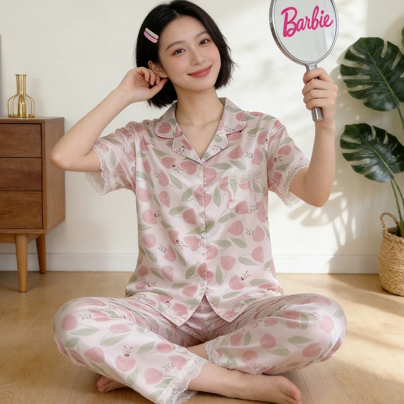 

Ins Style Korean Version Sweet Peach Bunny Imitation Silk Sleepwear Short Sleeved Pants Home Suit Set Ladies Pajamas Homewear