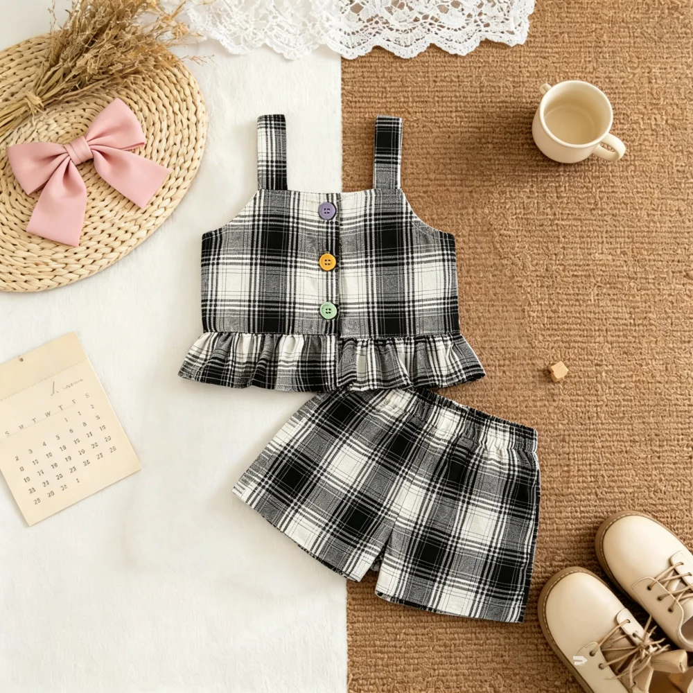 Girls' Set Summer Plaid Cotton Shirt Shorts Baby Girls' Clothing Cute Beach Baby Suit