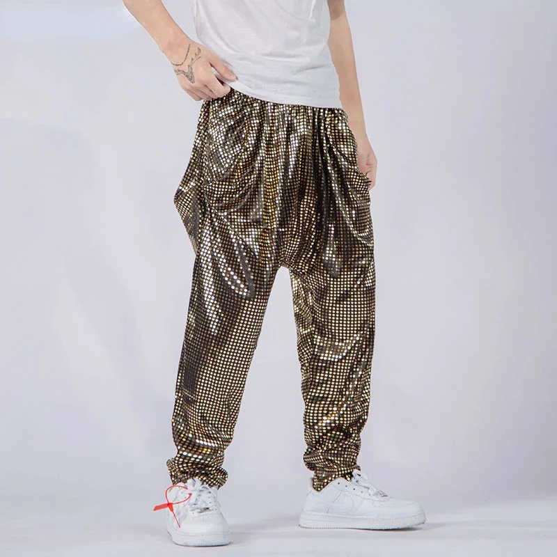 Mens Shiny Silver Laser Joggers Sweatpants Hip Hop Sequin Plaid Harem Pants Men Trousers Club Party Festival Prom Streetwear