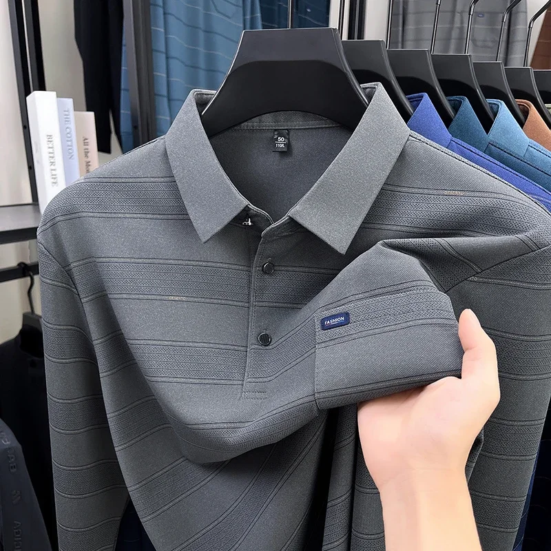 Men Striped Long Sleeve Polo Shirt With Chest Pocket Casual Business Lapel Top Autumn Daily Wear Soft Breathable Male Clothing