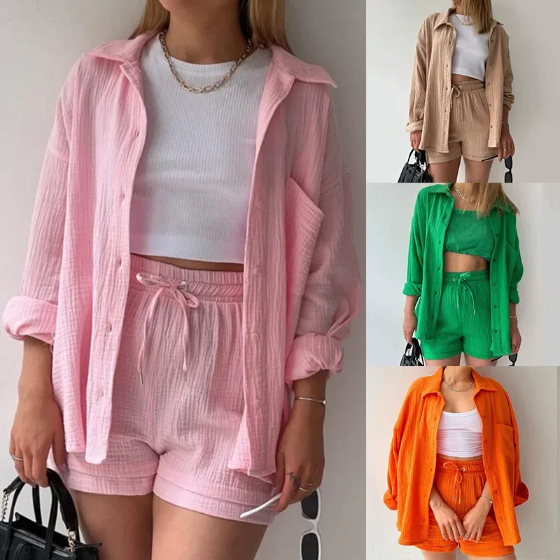 New Womens Outfits Casual Solid Color Button Up Shirt Jacket Drawstring Shorts Sports Two-piece Set for Women