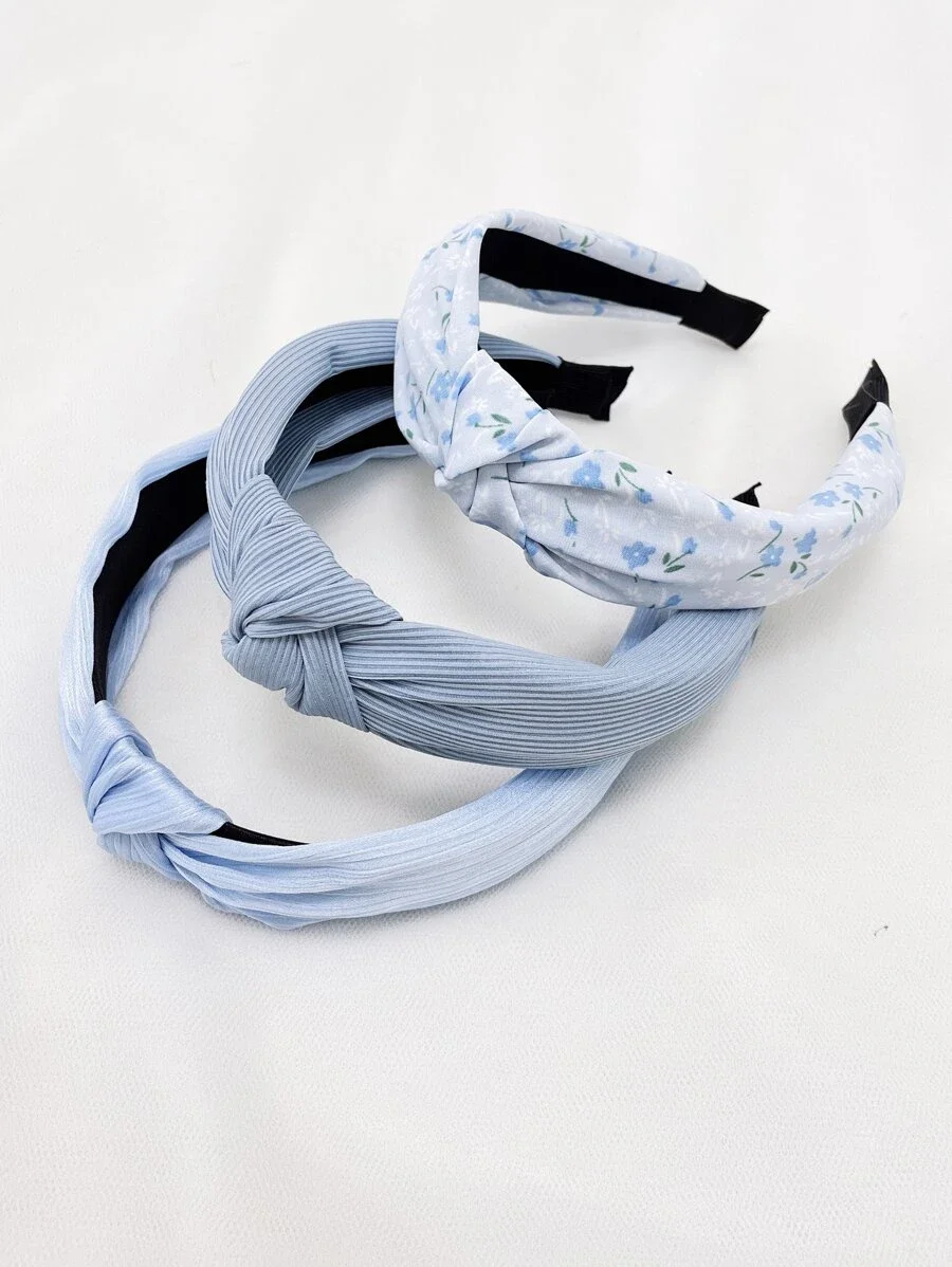 

3pcs Set Women's Knot Twist Wide Headbands Floral & Solid Blue Hair Accessories