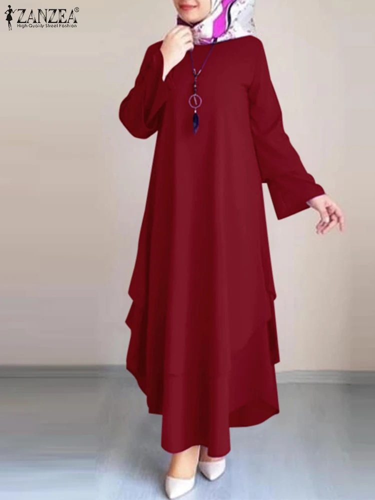 ZANZEA Elegant Women Muslim Abaya Dress Autumn Long Sleeve Solid Kaftan Sundress Robe Femme Casual Eid Mubarek Ramadan Vestido