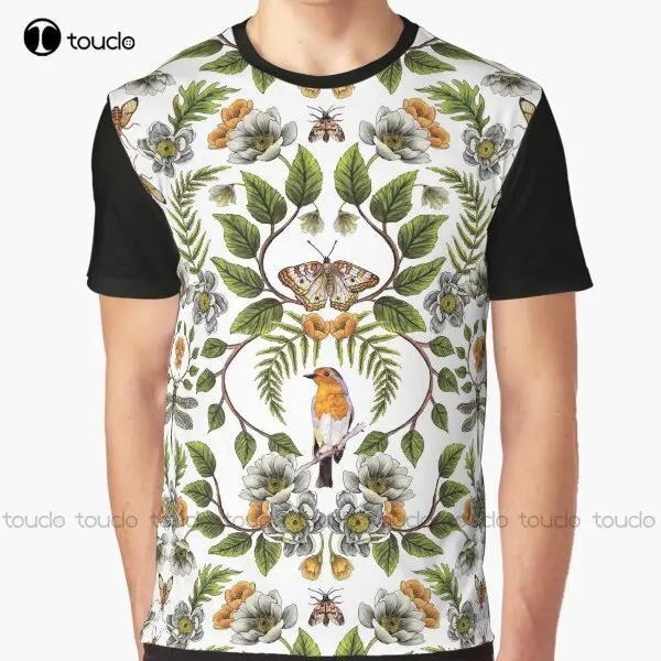 Spring Reflection - Floral/Botanical Pattern W/ Birds, Moths, Dragonflies & Flowers Graphic T-Shirt Digital Printing Tee Shirts