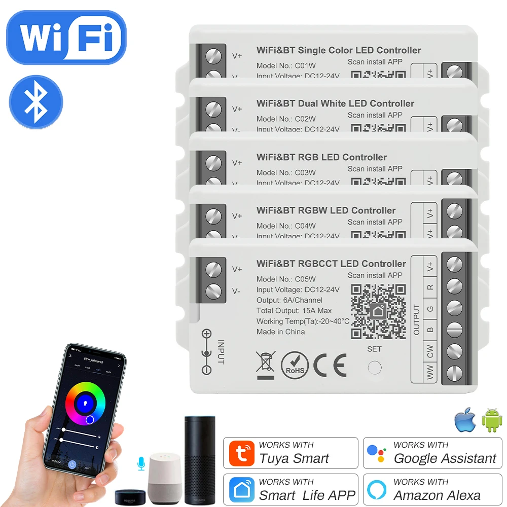 Inteligentny ściemniacz LED Tuya WiFi LED Controller Alexa Google Home Bluetooth Voice 2.4G CCT RGB RGBW Ściemniacz LED Light Controller 12-24V