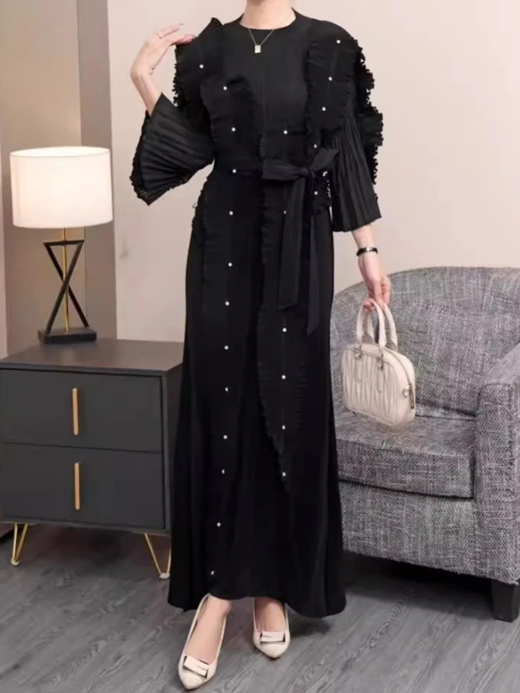 GVUW Pleated Appliques Spliced Beading Long Dresses For Women Round Collar Flare Sleeve A Line Chic Style New Dress 2025 17G9619