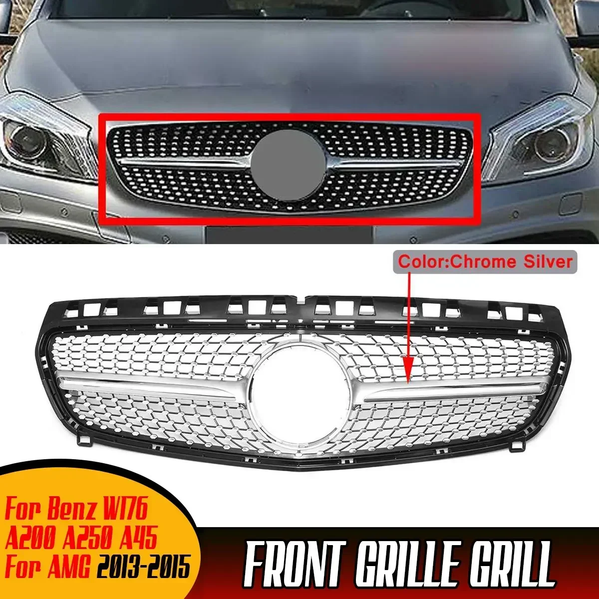 

W176 Diamond Style Grille Car Front Bumper Grille Grill For Mercedes For Benz W176 A Class 2013-2015 A200 A250 A45 For AMG Model