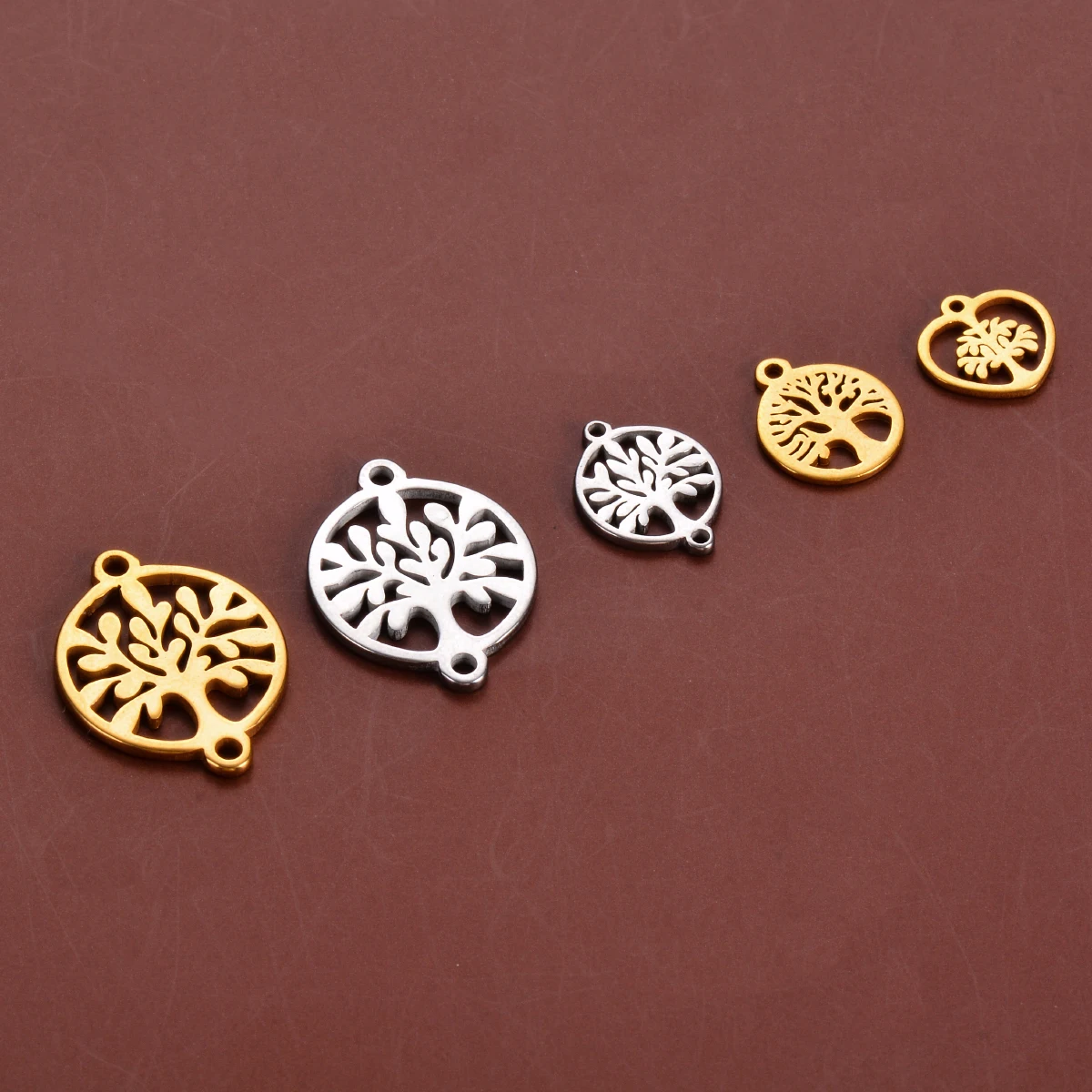 5Pcs Tree of Life Hollow out Round Heart Stainless Steel Connectors Charms Pendants for DIY Handmade Jewelry Making