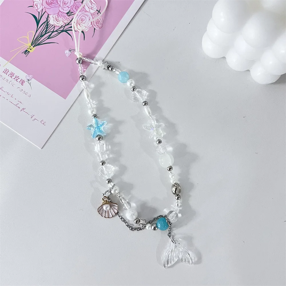 인어 꼬리 조개껍질 휴대폰 체인, 랜야드 참 스트랩, 손목 비드 코드, 팔찌 키 체인, 소녀 나일론 로프, 카메라 쥬얼리 걸기