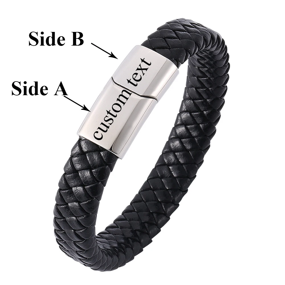 Punk Custom Text Logo Braided Leather Bracelet Gold Color Magnetic buckle Stainless Steel Bracelets For Women Men ID Bracelet