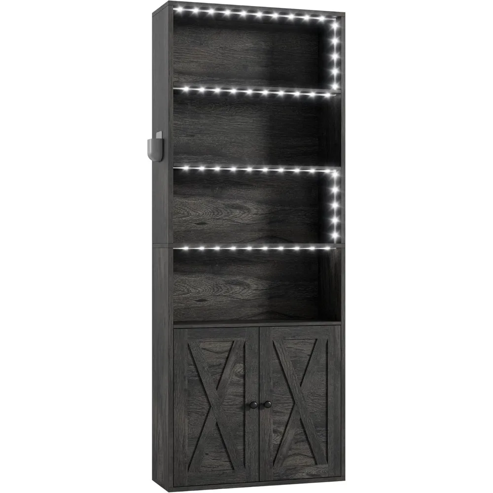 

Tall Bookcase with LED Lights, 70 in Industrial Bookshelves and Bookcases with Doors, 6 Shelf Display Storage Shelves Flo