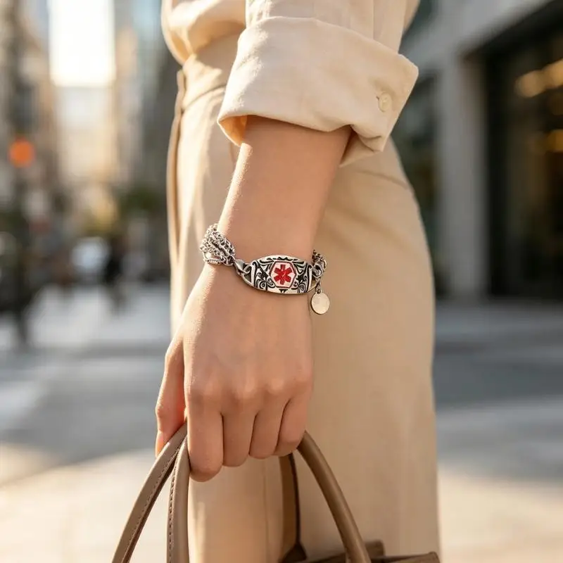 A52E Emergency Information Bracelet with Oval Front Plate and Polished Chain Look
