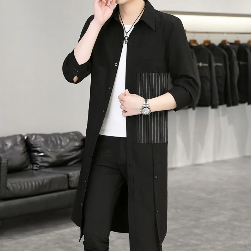 Summer Thin Men\'s Zipper Casual Cardigan 7/4 Sleeve Trench Coat Pocket Decoration Solid Color Open Front Korean Style Cardigan