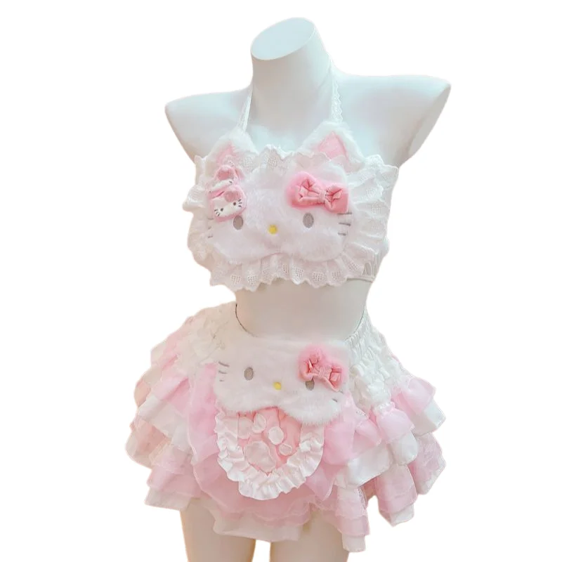 

Japan Kawaii Lolita Style Women Sweet Bow HelloKitty Print Short Sleeve T-shirt Cute Cake Mini Skirts Harajuku Y2k Skirt Suit