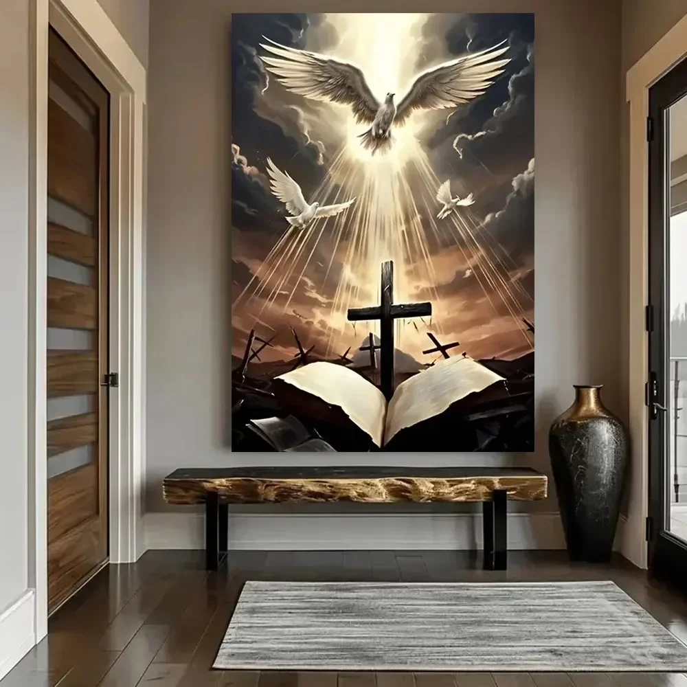 Multiple sizes 1pc frameless Canvas Painting,Holy Bible Canvas The Cross & Dove of Peace Poster and Prints Canvas Painting Wall