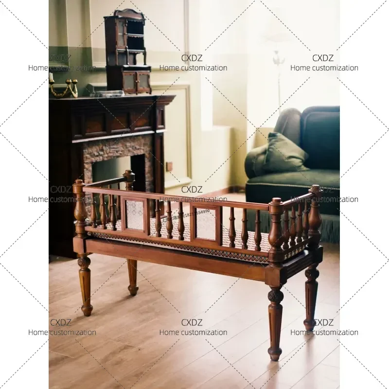 Retro Solid Wood Bench Living Room Balcony Leisure Chair Sofa Bedroom Bedside Seat with Engraving Customization