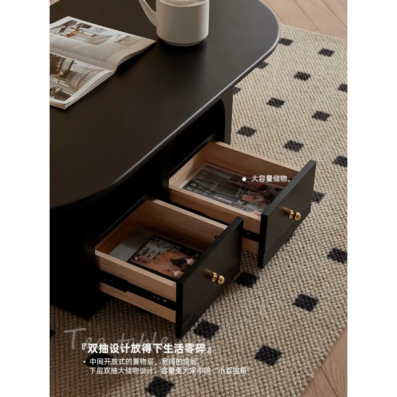

Modern living room floor-to-ceiling solid wood coffee table light French small apartment with drawers tea black courtyard