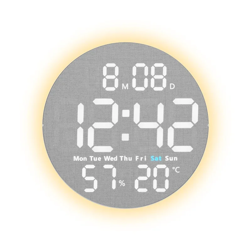 10 inch digitale wandklok met sfeerverlichting, temperatuur-, vochtigheids-, datum-, week-, timer- en helderheidsregeling, afstandsbediening, DST LED-wekker
