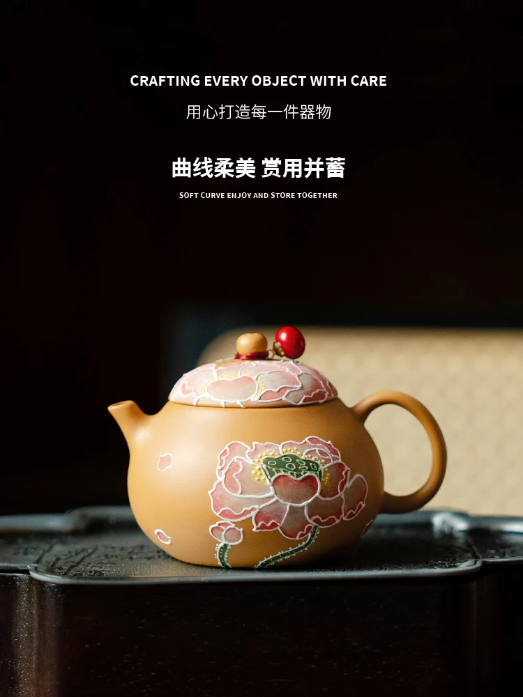 Purple Sand Pure Hand Drawing Charm of Ceramic Teapot Golden Section Household Set High-End Making Device