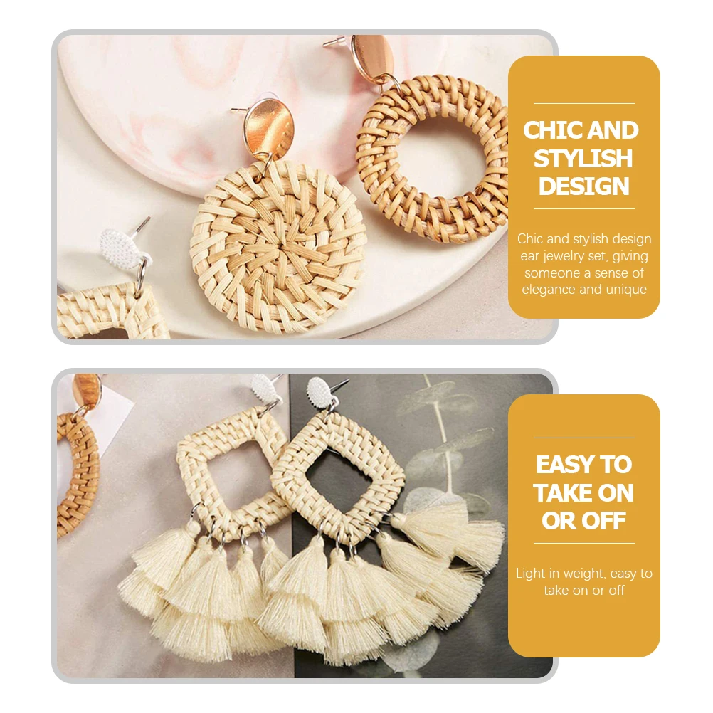 

4 Pairs Rattan Earrings Set Lightweight Comfortable Daily Wear Bohemian Style Dangle Women Girls Accessories Jewelry