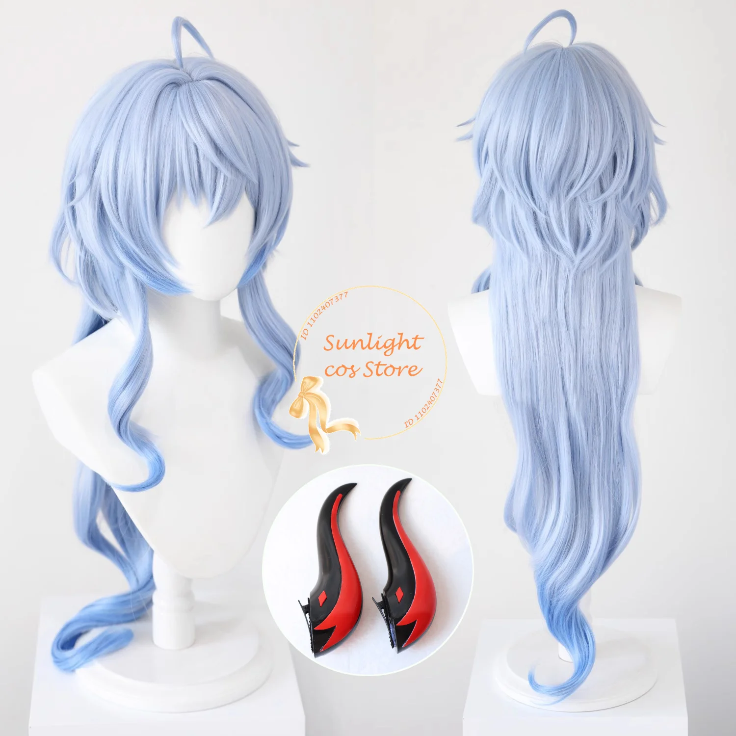 Wig Cosplay Anime Ganyu, Wig kulit kepala simulasi panjang biru Cruly, rambut palsu sintetis tahan panas, pesta Halloween + topi Wig