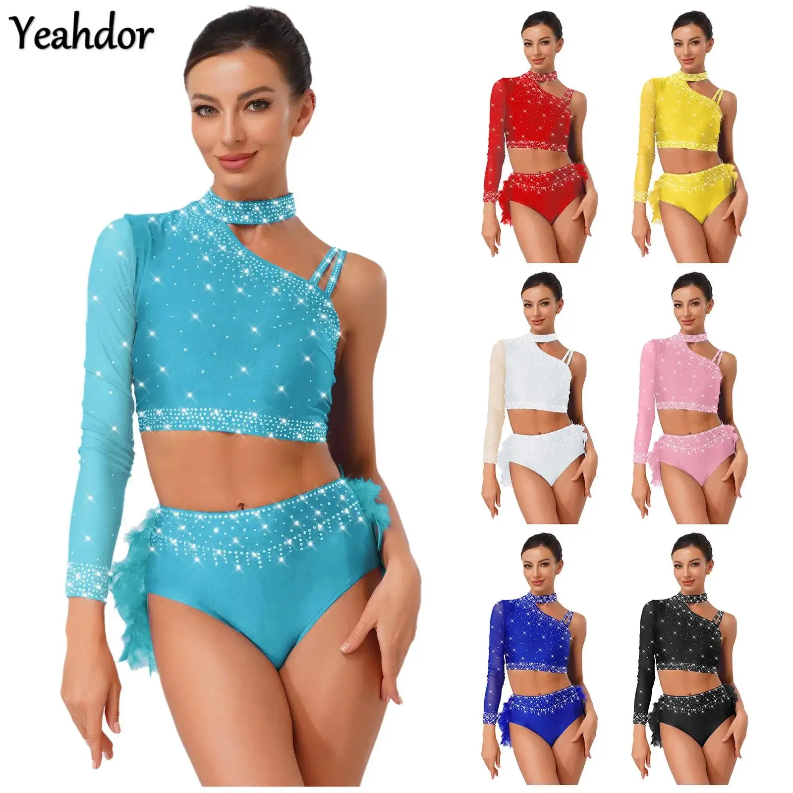 

Women Latin Dance Outfits Rhinestone One Shoulder Long Sleeve Crop Top with Feather Briefs Figure Skating Chacha Tango Costumes