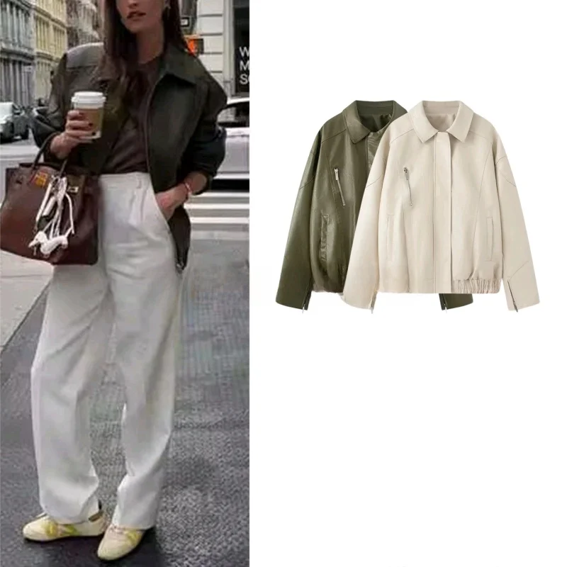 خريف جديد Sle المرأة الرجعية الرياح طوق طويل Sve سستة فضفاضة بولي Leather الجلود Jaet ملابس خارجية ألياف البوليستر تخفيف Sle
