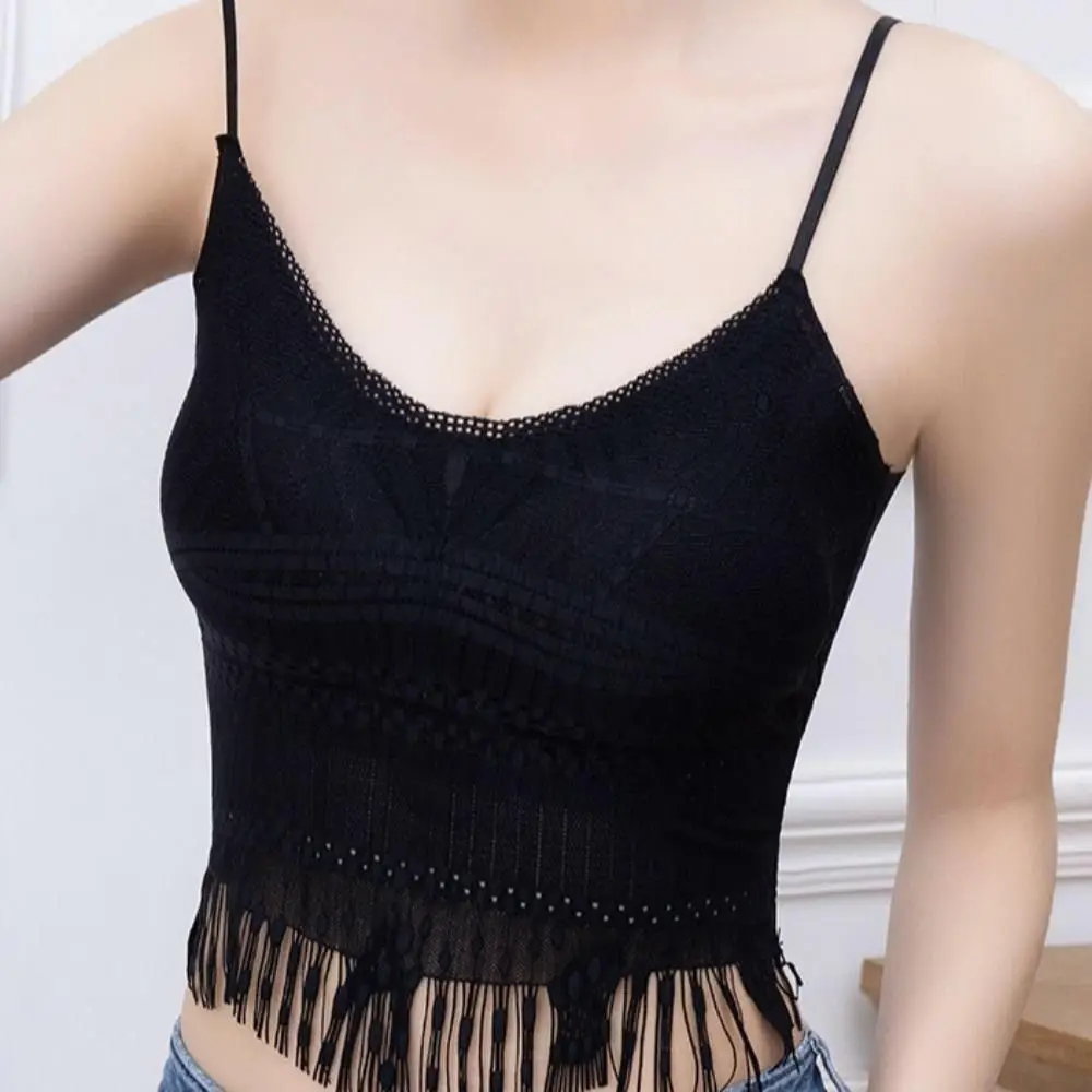 Camisola elegante con cojín para el pecho, camisola de seda helada con borlas de encaje, Tops cortos de Color sólido, chaleco con tirantes ajustado sin rastro para mujer