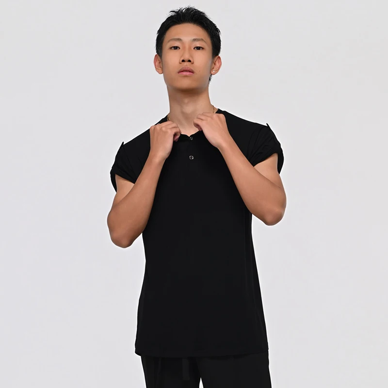 Top da ballo latino da uomo maniche corte piccolo scollo a V maglietta nera Rumba Cha Cha abbigliamento da allenamento top per pratica professionale BL16955