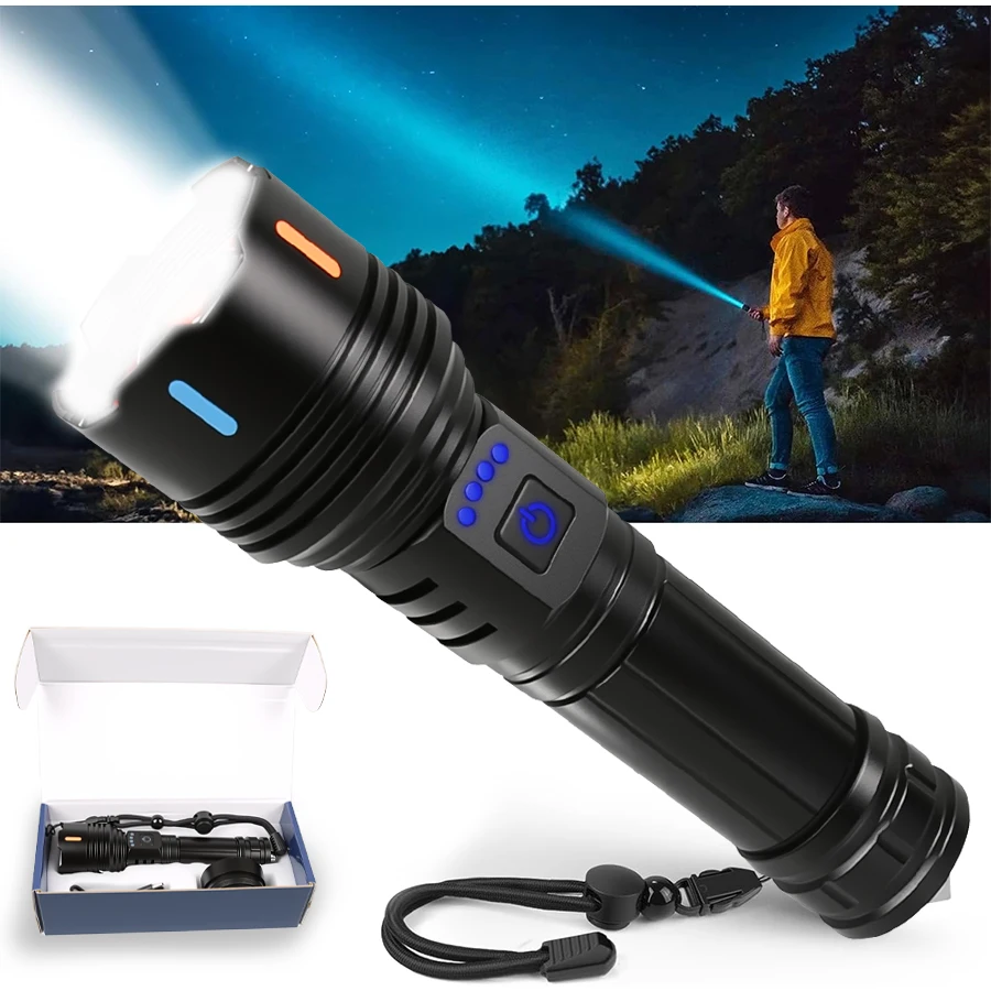 

100000LM LED Flashlight USB Rechargeable Zoom Torch Strong Light Focused Light Source Can Light a Flame Waterproof Lantern