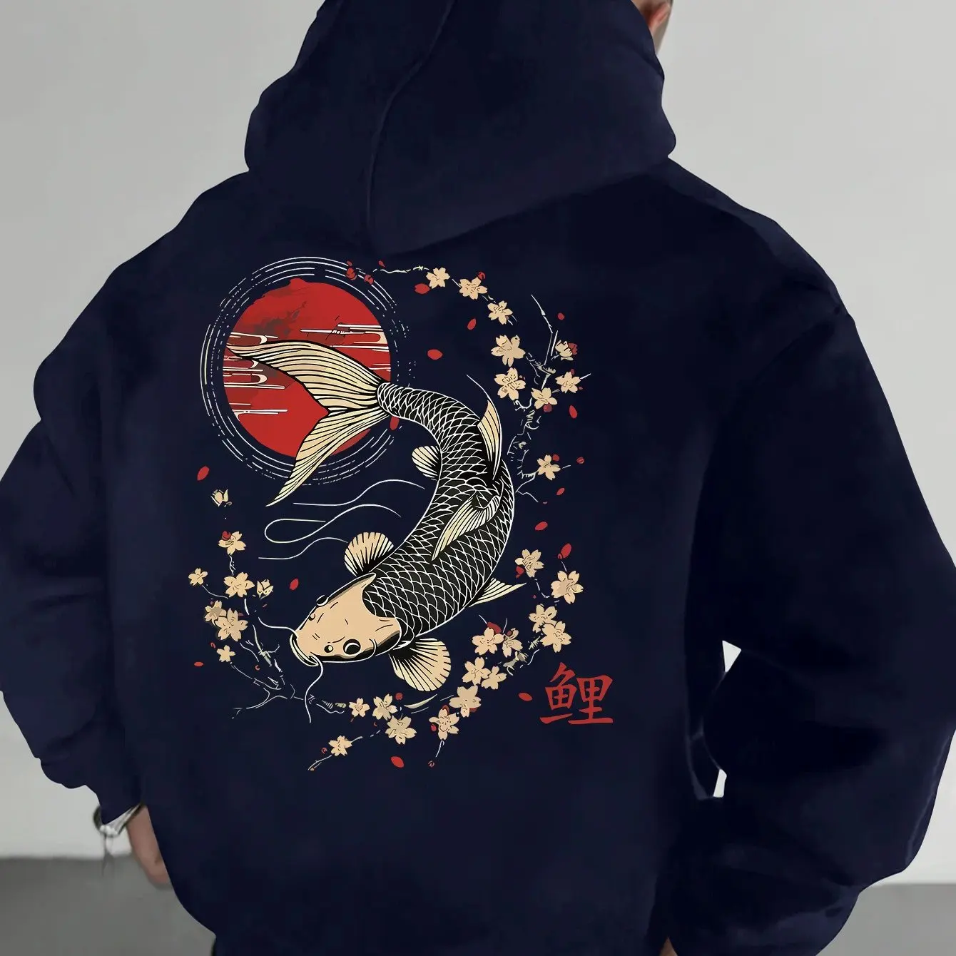 Men's Pullover Hoodie with Japanese Koi, Cherry Blossom and Chinese Character (koi) Design, Loose-fitting Casual Sweatshirt.