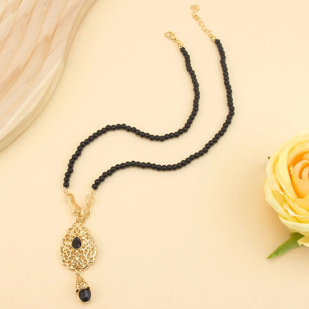 Sunspicems Chic Moroccan Style Gold Color Pendnat Necklace Hand Beads Chain For Women Hollow Arabesque Daily Leisure Jewelry