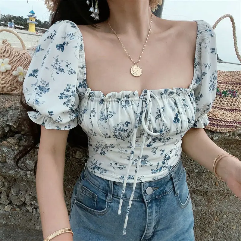 

Large Size Women's Retro Drawstring Tied Square Collar Puff Sleeves Waist-exposed Vacation Short-sleeved Shirt