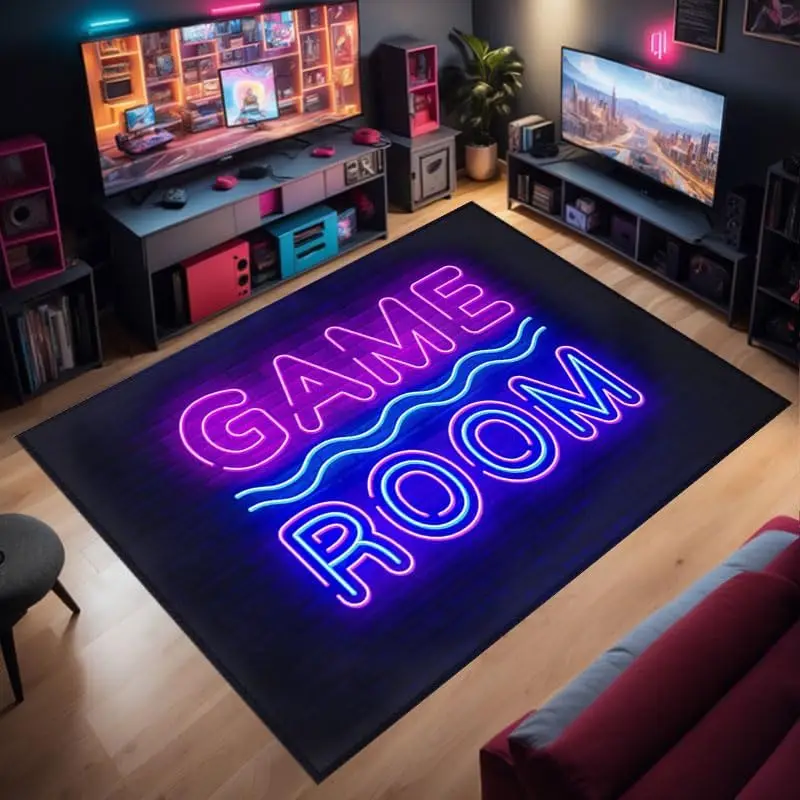 Neon Game Room Doormat, Gamer Entrance Rug, Glowing Text Floor Mat, Non-slip Living Room Carpet, Man Cave Decor