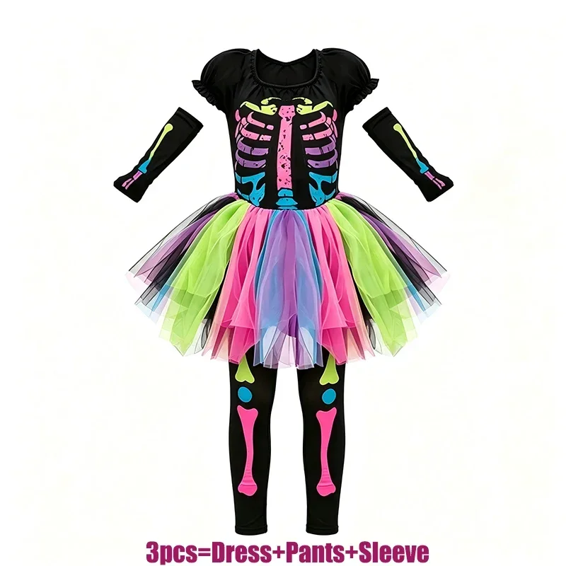 Kinder-Rollenspielkleid für Mädchen, Halloween-Cosplay-Kleid, Hexen-Vampir-Kostüm mit Accessoires für Karneval-Verkleidungspartys – Detail 4