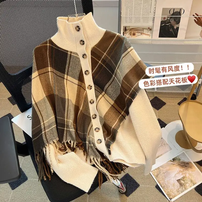 Women's Autumn Winter Knitted Sleeveless Shawl Padded Coat High Collar Cardigan Short Padded Sweater Fake Two Piece Poncho D837